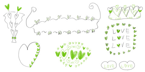 Rough and cute heart and love illustration set