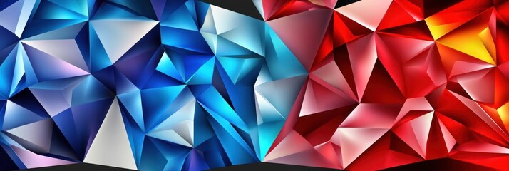 A vibrant, abstract design featuring geometric shapes in blue, white, and red hues.