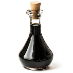 A bottle of aged balsamic vinegar with a drizzle, isolated white background, realism art style
