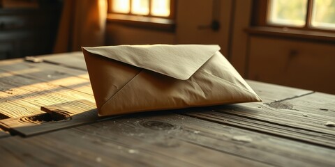 A vintage, brown paper envelope lies on a worn, wooden surface, bathed in warm, natural light.  The envelope's crinkled texture speaks of a story waiting to be unfolded.