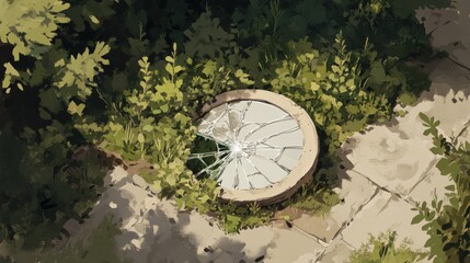 Fototapeta premium A cracked circular mirror surrounded by lush greenery and stone pathways.