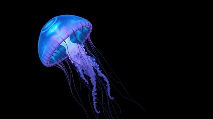 A bioluminescent jellyfish with a purple and blue hue, its tentacles trailing behind it in a graceful dance against a black background