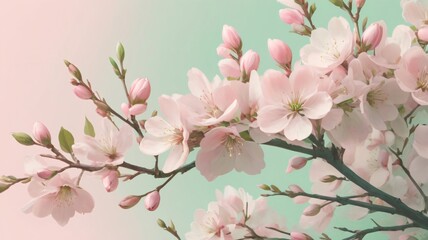 Obraz premium Cherry blossom branches bloom with delicate pink flowers set against a soft pastel background