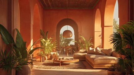 Sunlit Moroccan Patio With Lush Plants and Comfortable Seating