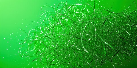 A vibrant green background adorned with shimmering, intertwined strands of metallic ribbon, creating a chaotic and intricate design.