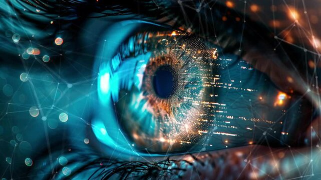 Close-up of a futuristic digital eye. Digital eye, data network and cyber security technology. Futuristic tech of virtual cyberspace. Digital eye. Internet secure surveillance. Generate AI.