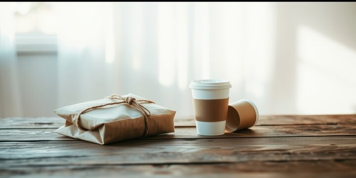A simple arrangement of a wrapped parcel and a coffee cup on a rustic wooden table