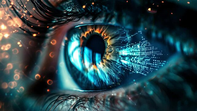 Close-up of a futuristic digital eye. Digital eye, data network and cyber security technology. Futuristic tech of virtual cyberspace. Digital eye. Internet secure surveillance. Generate AI.