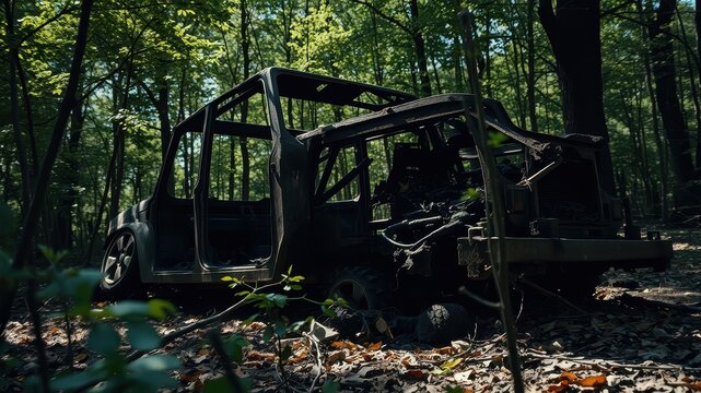 A charred and skeletal remains of a vehicle rests within a forest, forgotten and overgrown with foliage, a haunting reminder of a past event.