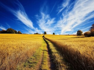 A tranquil path through golden fields under a bright blue sky with wispy clouds.