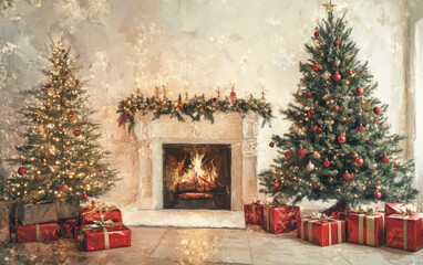 Christmas trees close together on the right, a warm fireplace with Christmas decorations on the left, strings of lights and Christmas ornaments on the warm white walls, 