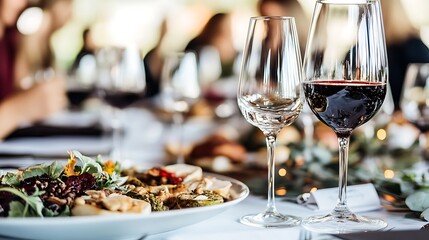A table set for a meal featuring wine glasses and a colorful salad plate.
