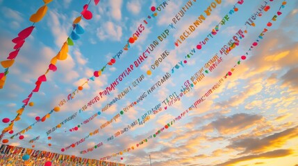Naklejka premium Colorful banners with text hang against a vibrant sky at an outdoor celebration.