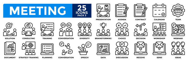 Meeting icon collection set. Containing presentation, agenda, team, solution, discussion, consulting, brainstorming icon. Simple line vector illustration.