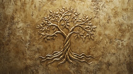 A detailed relief sculpture of a tree with intricate branches and roots, set against a textured, earthy background.