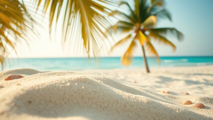 Fototapeta premium Closeup of soft, white sand with seashells scattered across the surface, a palm tree in the background, and a blurred view of the turquoise ocean beyond.