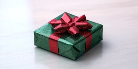 Green present wrapped in red bow, christmas holiday