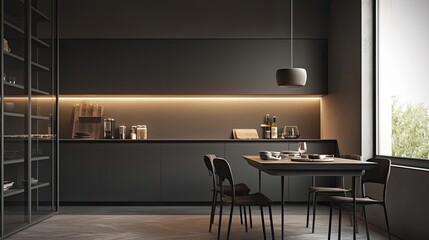 Modern Dark Kitchen Dining Area Design With Glass Shelving