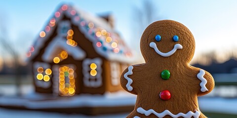 gingerbread man standing outside gingerbread house