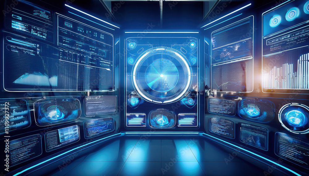 Poster futuristic dashboard with holographic interface displaying synchronized task updates and advanced di