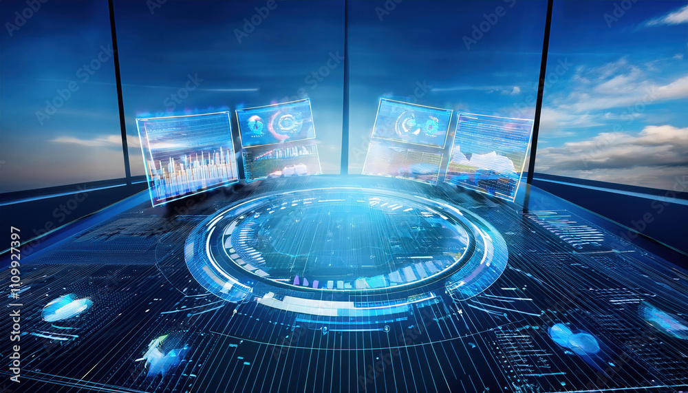 Poster futuristic digital dashboard with holographic interface displaying synchronized task updates and adv