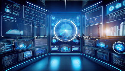 Futuristic dashboard with holographic interface displaying synchronized task updates and advanced digital analytics. high tech environment for team collaboration