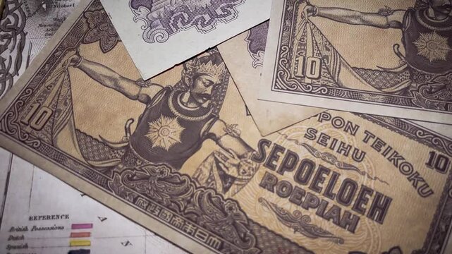 Old Indonesian banknotes 10 rupiah 1943. Banknotes circulating during the Japanese occupation of Indonesia.