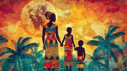 A vibrant silhouette of a woman and two children against a sunset, surrounded by palm trees, depicting unity and cultural heritage.