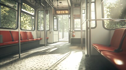 An empty subway train interior with red seats, sunlight streaming through the windows.