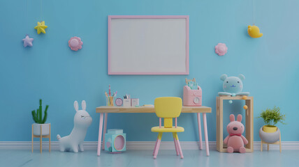 Mockup Frame Adorning Children's Room with Natural Wooden Furniture, Sparking Creativity, 3D Render