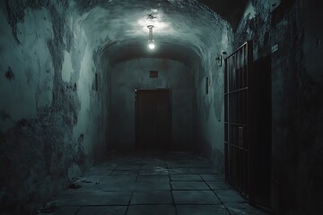 Obraz premium A dimly lit, eerie corridor with a barred door, suggesting a prison or abandoned building.