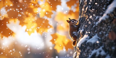 2D animation squirrel hiding large stash of acorns in tree trunk, light snow on autumn leaves 