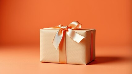 A single gift box with a satin ribbon, neatly tied in a bow, rests on a smooth orange background. The gift box is a symbol of celebration, joy, and surprise.