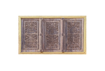 Closed engraving wood window frame isolated on white background , clipping path