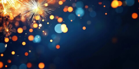Vibrant Blue and Gold Fireworks Bokeh Effect for New Year's Eve Celebration with Sparkling Lights and Festive Atmosphere