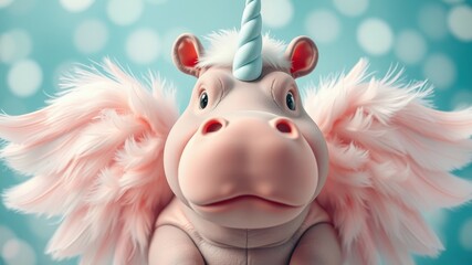 A whimsical pink hippo with a fluffy horn and delicate pink wings against a dreamy blue background.