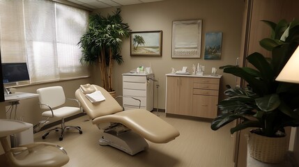 Modern medical examination room with beige treatment table, chairs, plants, and medical equipment.