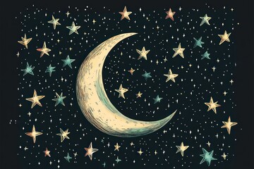 Naklejka premium A whimsical illustration of a crescent moon surrounded by colorful stars against a dark sky.