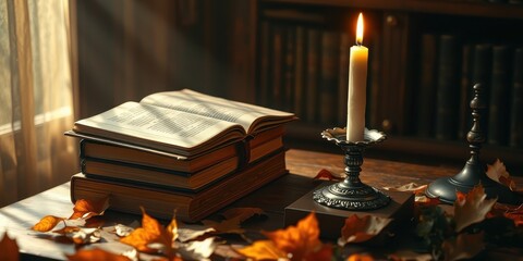 A stack of aged books illuminated by a flickering candle, resting on a rustic wooden table surrounded by autumn leaves.
