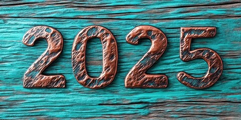 "2025" text, metallic copper on turquoise background
