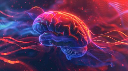 Obraz premium Glowing brain on a dynamic gradient background suggests energy and motion