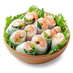 A bowl of fresh Vietnamese spring rolls with shrimp and herbs, isolated white background, surreal art style