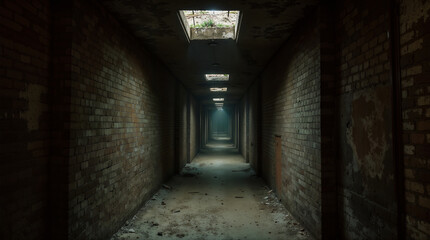 Obraz premium Mysterious Dark Corridor with Single Beam of Light Creating Dramatic Atmospheric Perspective