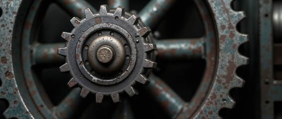 Detailed Industrial Metal Gear Wheel Mechanism Close-up Photography on Dark Background