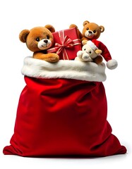 Red Santa Claus sack full of gifts isolated on transparent background. 
