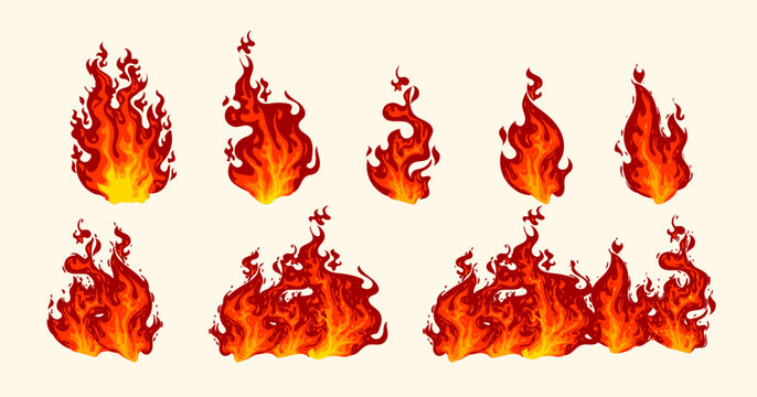 Fire borders, flame, blazing dividers, hot flaming, wildfire campire and ignite element vector illustration set. Red burning collection isolated on background.