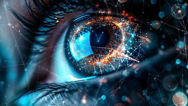 Close-up of a futuristic digital eye. Digital eye, data network and cyber security technology. Futuristic tech of virtual cyberspace. Digital eye. Internet secure surveillance. Generate AI.