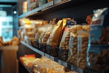 A shelf filled with various snack packages in a store setting.