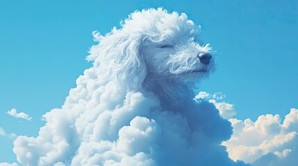 White Fluffy Poodle Dog Rests In Clouds Above Blue Sky