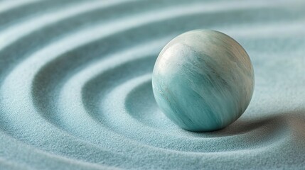 Stunning Aqua-Blue Sphere on Pale Blue Sand, Capturing the Essence of Serenity and Balance in a Close-Up Perspective. Perfect for Decorative and Design Themes.
